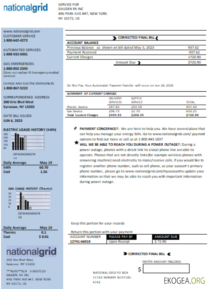 Facture commerciale des services publics du réseau national de New York, modèle Word et PDF SCR